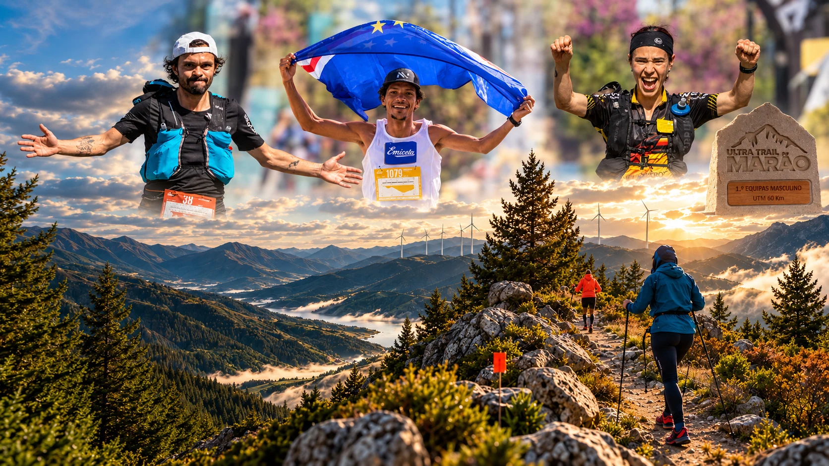 Três atletas em celebração sobre a paisagem do Marão